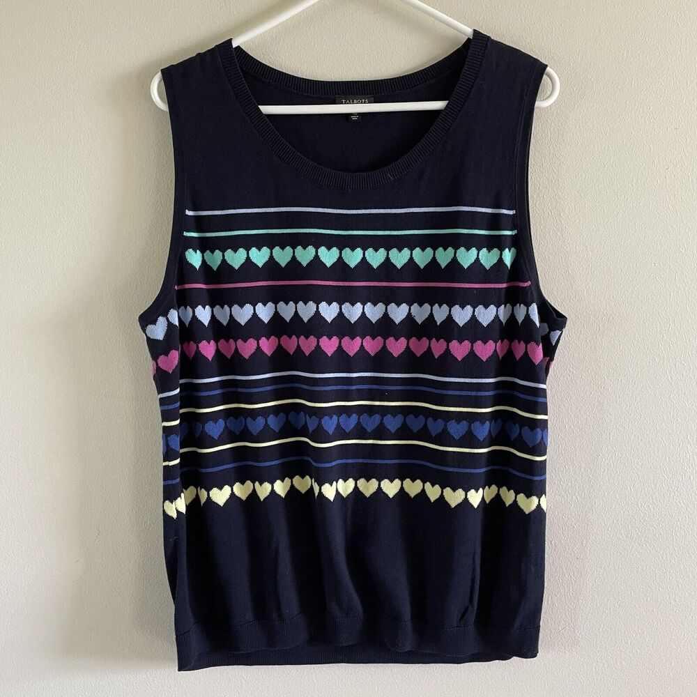 Talbots‎ Knit Sleeveless Tank Top Size XL Retro 80s Rainbow Hearts Lagenlook